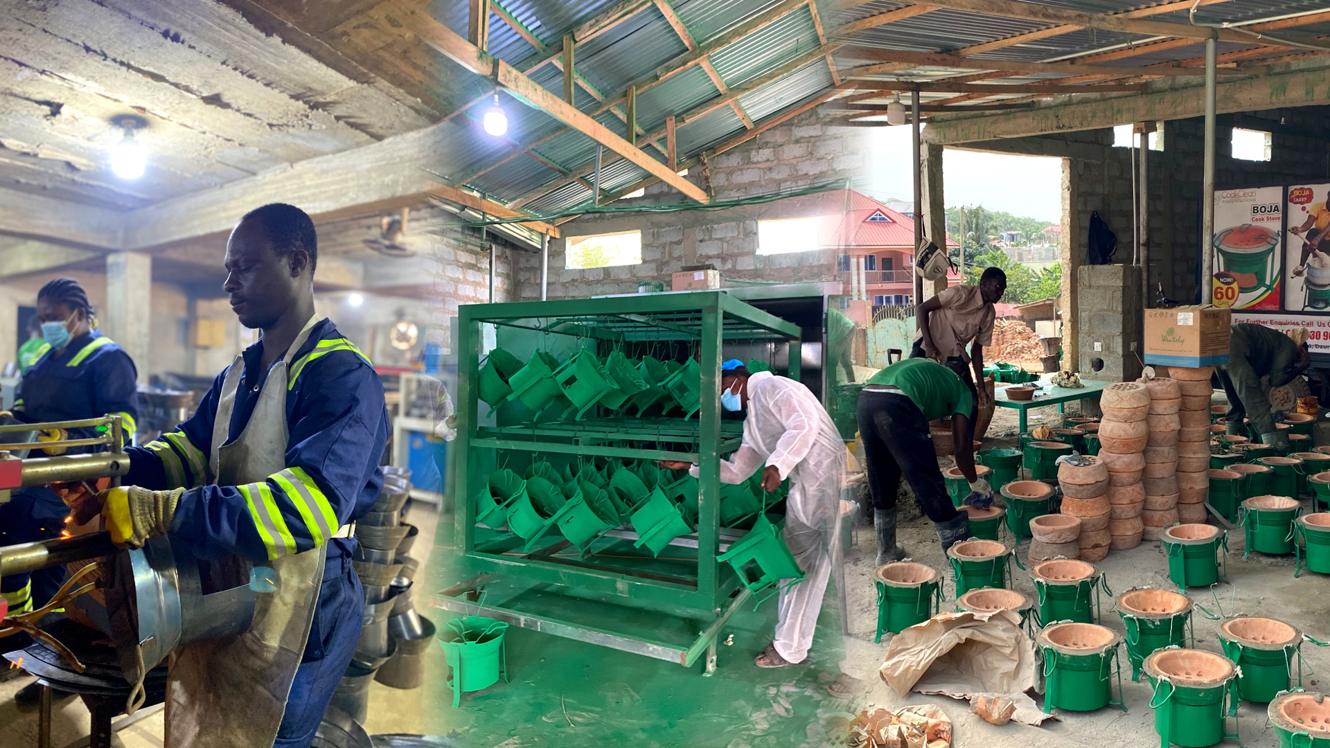 CookClean factory and production team manufacturing stoves in Ghana