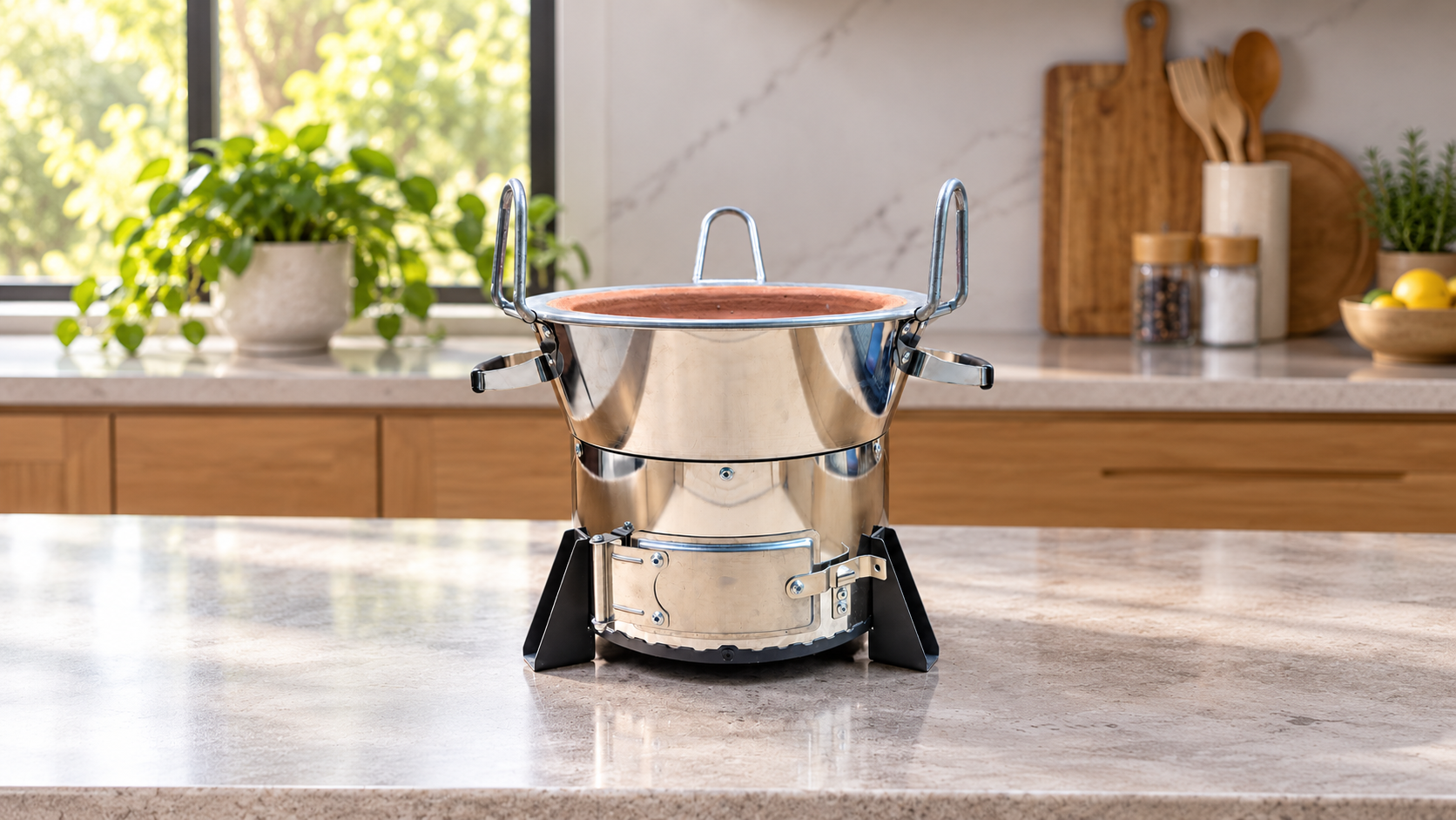 BOJA 2.0 stainless steel cookstove with a clay-lined cooking chamber on a kitchen counter